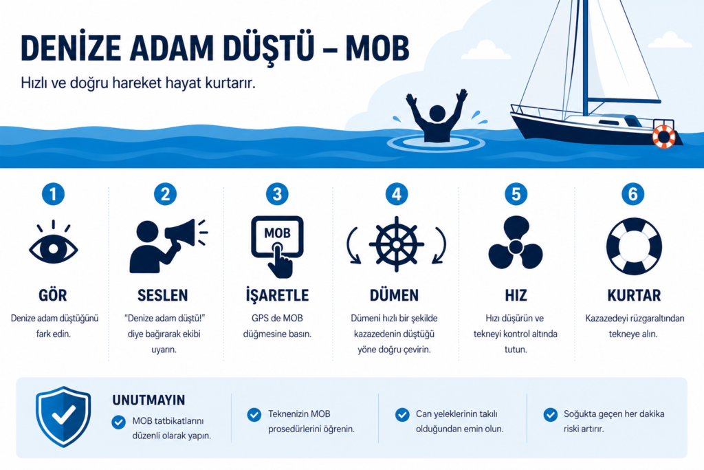 Denize adam düştü manevrası — MOB kurtarma rotası diyagramı
